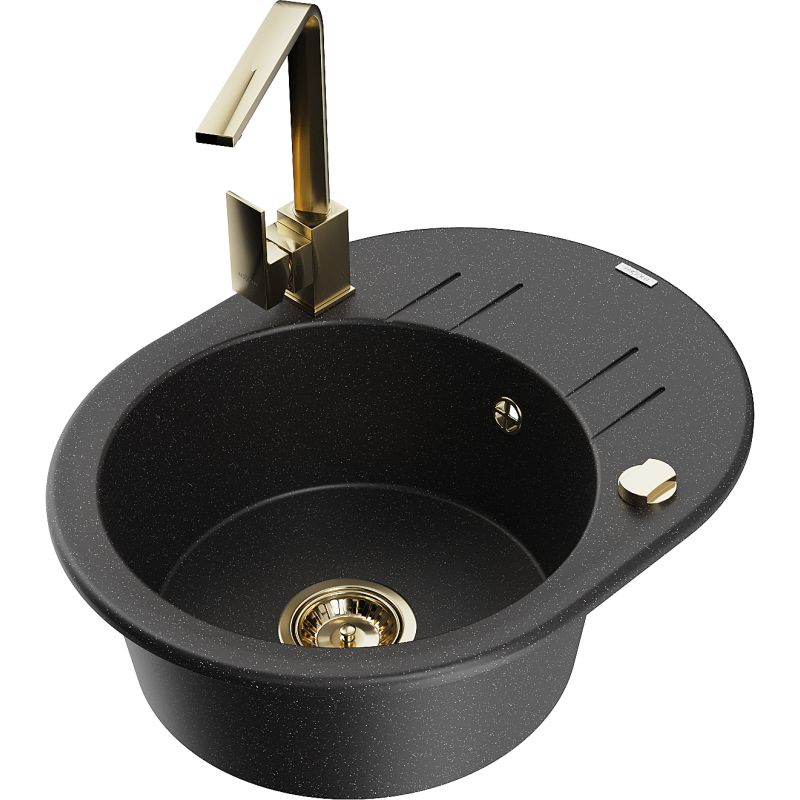 Zlewozmywak granitowy 1-komorowy Mexen Kevin z ociekaczem i baterią Rita czarny/srebrny metalik - 6517-73-670300-70 1 szt.