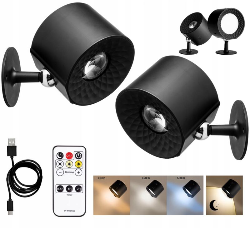 Lampa wewnętrzna x2 NEO TOOLS 360 stopni USB LED ścienna kinkiet 3 barwy 3 moce + tryb noc 1 kpl