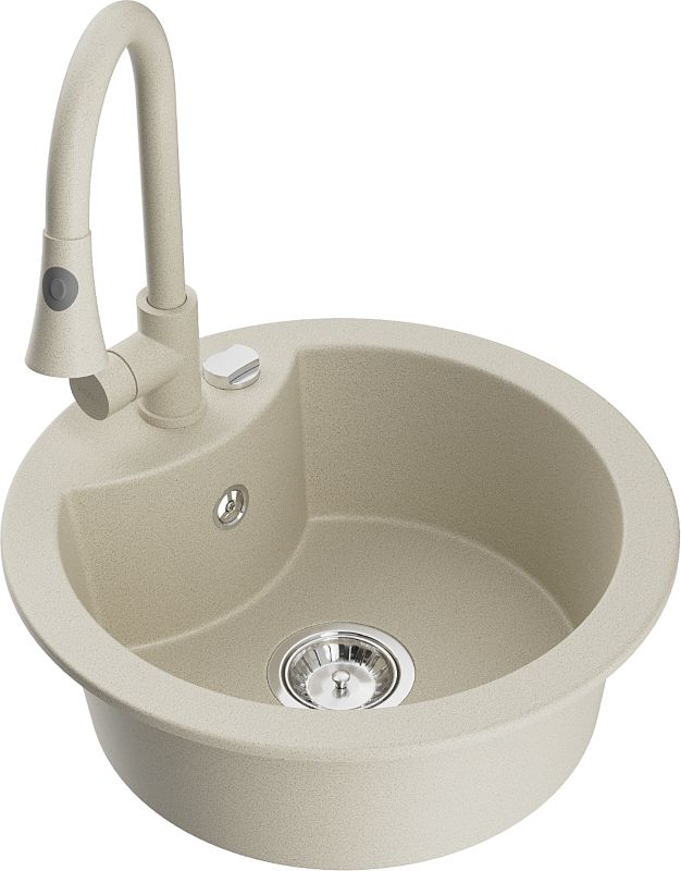 Zlewozmywak granitowy Mexen Diego 1-komorowy z baterią kuchenną Elia beżowy 6512-69-670101-69