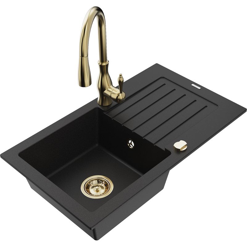 Zlewozmywak granitowy 1-komorowy Mexen Pablo z ociekaczem i baterią kuchenną Savita czarny 6510-77-672601-50