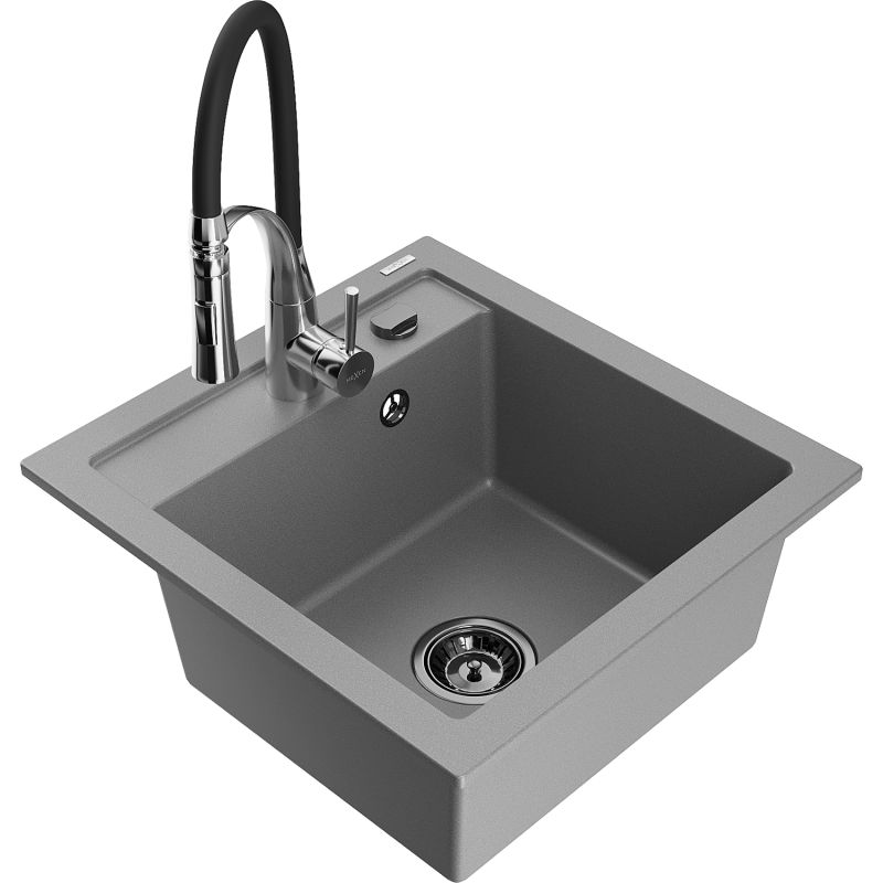 Zlewozmywak granitowy 1-komorowy Mexen Vito z baterią kuchenną Aster szary 6503-71-73450-07-B