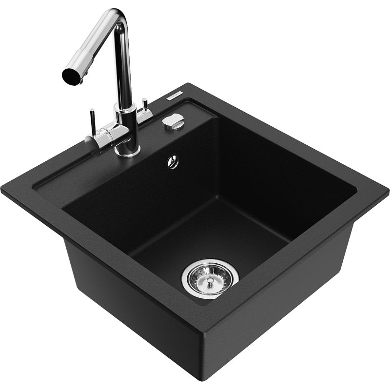 Zlewozmywak granitowy 1-komorowy Mexen Vito z baterią kuchenną Duero czarny 6503-77-671600-00