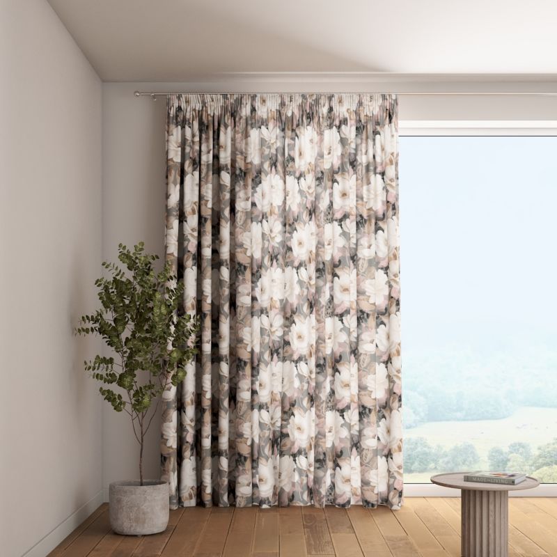 Zasłona na taśmie marszczącej 1 szt. 130 x 260 cm Dekoria kremowe i różowe kwiaty na szarym tle 1 szt.