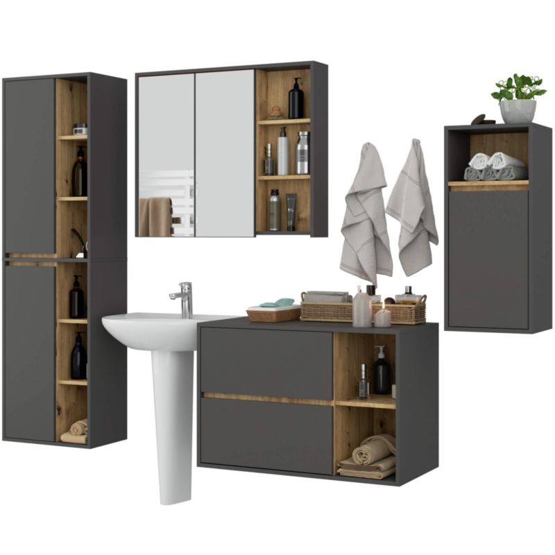Zestaw mebli łazienkowych wiszących AKORD VAMI Grafit Szary, Dąb Artisan 5 drzwi 21 półek 2 szuflady 1 szt.