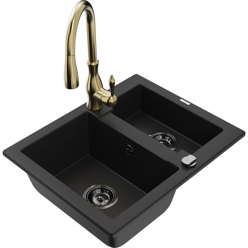 Zlewozmywak granitowy 1.5-komorowy Mexen Carlos z baterią kuchenną Savita czarny 6518-77-672601-50-B