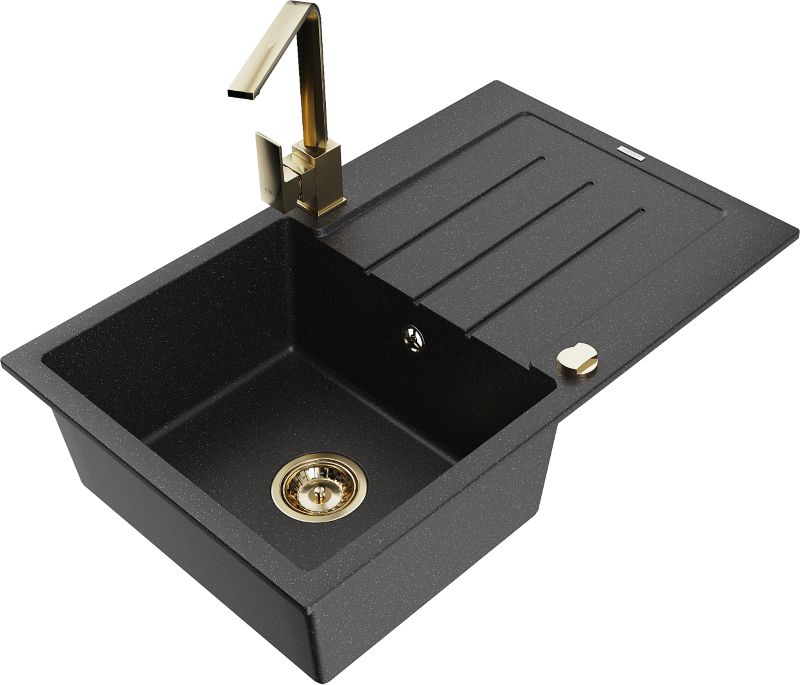 Zlewozmywak granitowy Mexen Bruno 1-komorowy z ociekaczem i baterią kuchenną Rita szary - 6513-71-670300-71 1 szt.