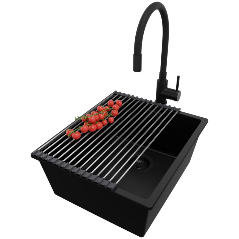 Zlewozmywak Granitowy Londyn Slim PRIMAGRAN Nablatowy 41x47cm do szafki od 45cm z Syfonem i Baterią i Dodatkiem Cały Czarny 1 szt.