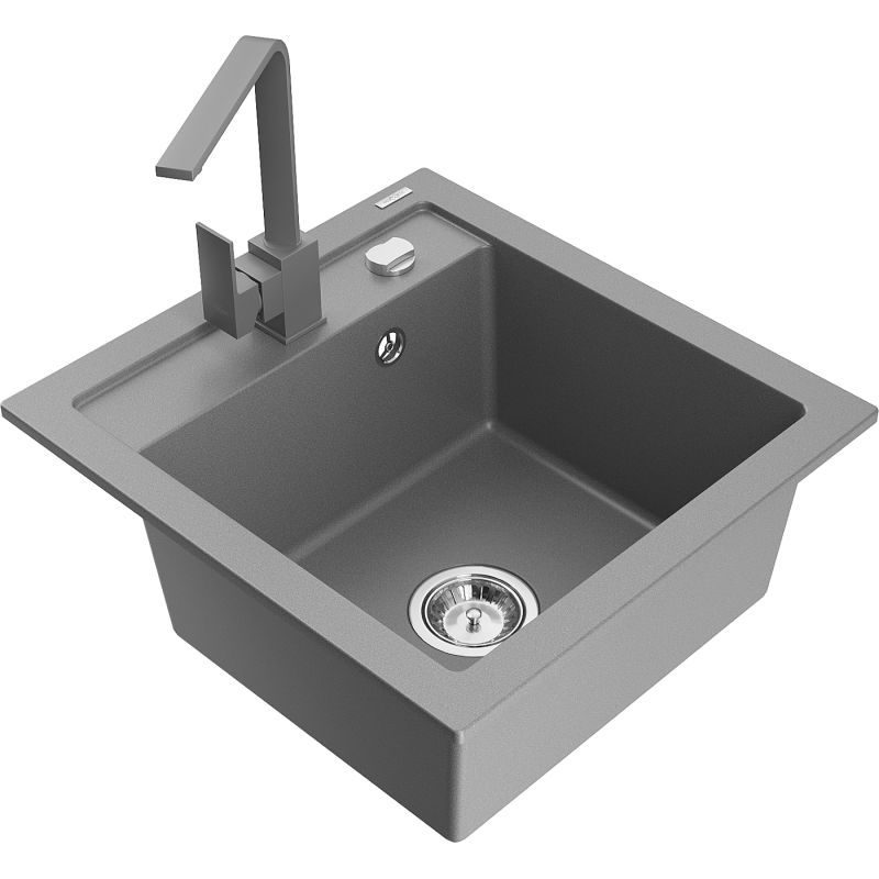 Zlewozmywak granitowy 1-komorowy Mexen Vito z baterią kuchenną Rita szary 6503-71-670300-71