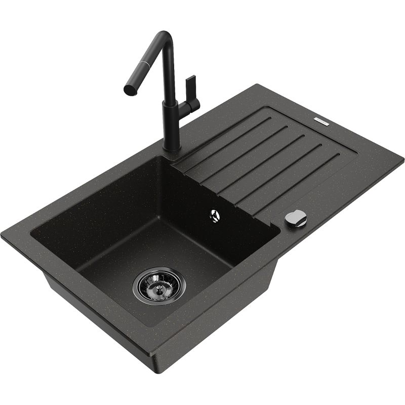 Zlewozmywak granitowy 1-komorowy Mexen Pablo z ociekaczem i baterią kuchenną Flora szary - 6510-71-670401-70-B 1 szt.