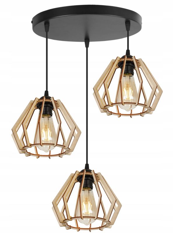 Lampa sufitowa wisząca okrągła Light Home LH Timber drewno 3x E27 60W klosz diament czarny 1szt.