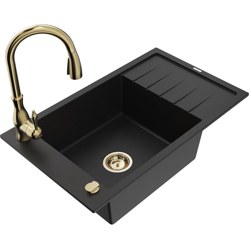 Zlewozmywak granitowy 1-komorowy Mexen Elias z ociekaczem i baterią kuchenną Savita czarny 6511-77-672601-50