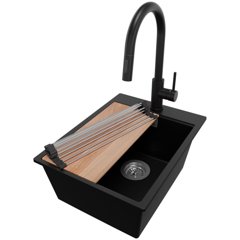 Zlewozmywak Granitowy Oslo PRIMAGRAN Nablatowy 38x50cm do szafki od 40cm z Syfonem i Baterią i Dodatkiem Czarny 1 szt.