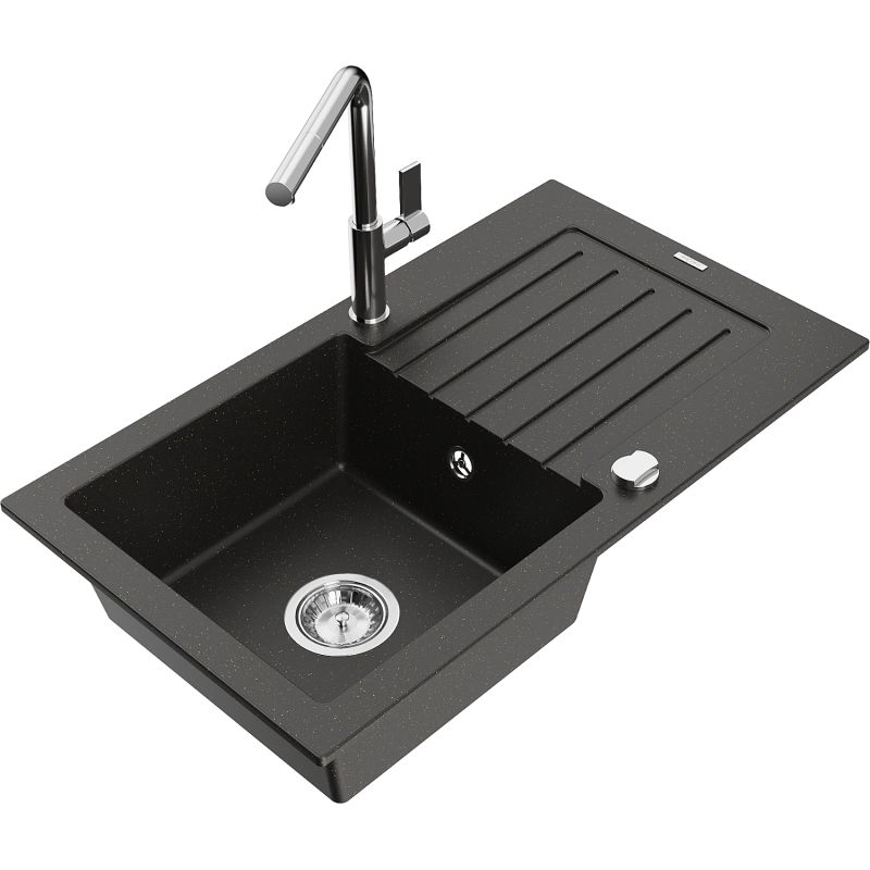 Zlewozmywak granitowy 1-komorowy Mexen Pablo z ociekaczem i baterią kuchenną Flora czarny/złoty metalik 6510-75-670401-00