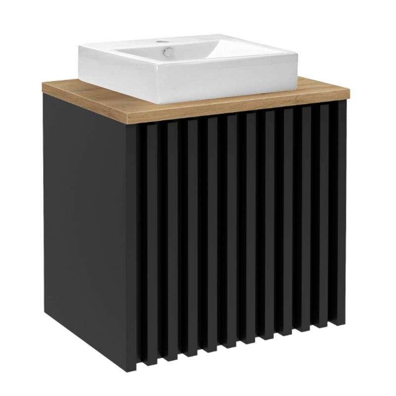 Szafka do Łazienki Stamar Czarna Lamele z Umywalką i Blatem Dąb 600x560x405mm Wisząca 1 szt