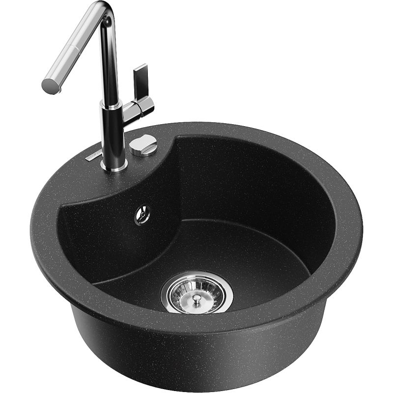 Zlewozmywak granitowy 1-komorowy Mexen Diego z baterią kuchenną Flora czarny/srebrny metalik 6512-73-670401-00