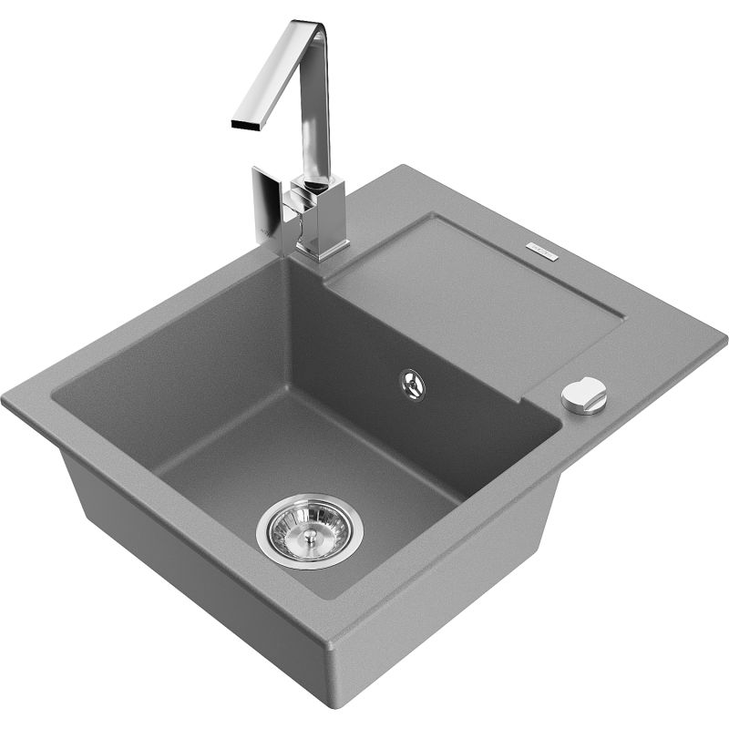 Zlewozmywak granitowy 1-komorowy Mexen Enzo z ociekaczem i baterią kuchenną Rita szary 6506-71-670300-00