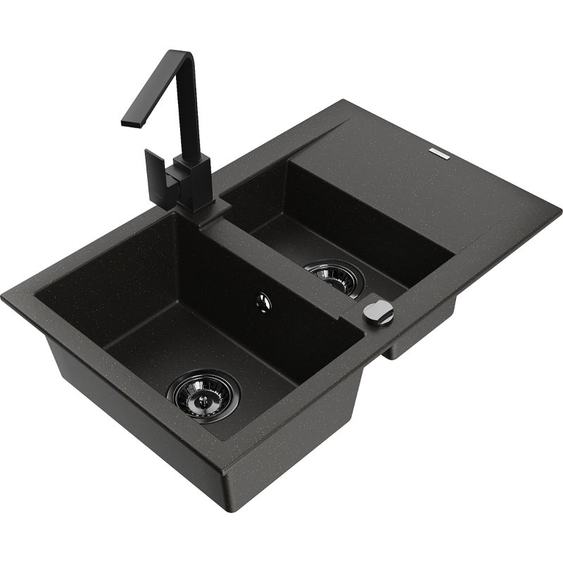 Zlewozmywak granitowy 1.5-komorowy Mexen Gaspar z ociekaczem i baterią kuchenną Rita czarny/złoty - 6507-75-670300-50-B 1 szt.