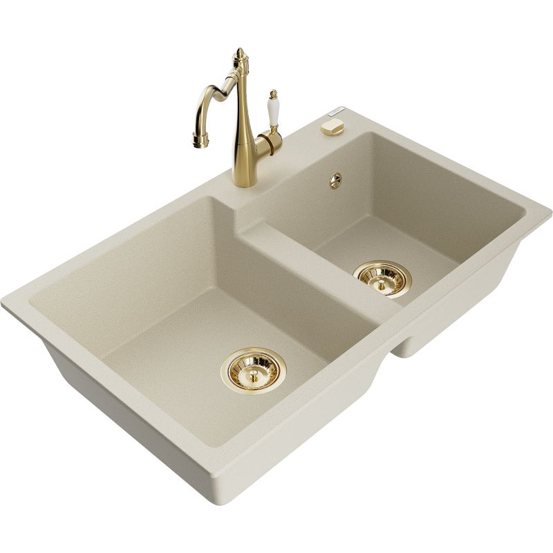 Zlewozmywak granitowy 2-komorowy Mexen Tomas z baterią kuchenną Carla beżowy 6516-69-670700-50