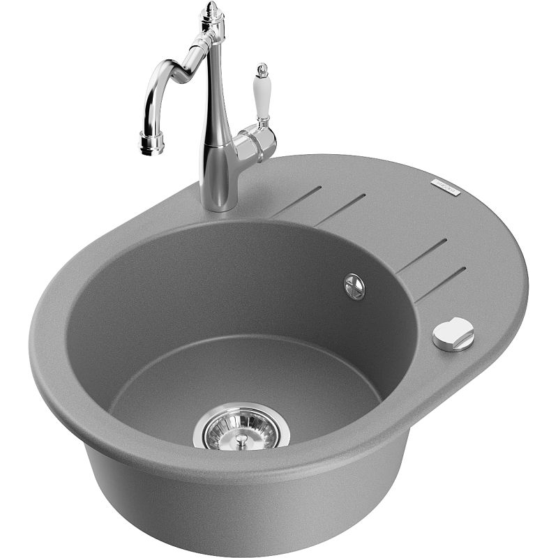 Zlewozmywak granitowy 1-komorowy Mexen Kevin z ociekaczem i baterią kuchenną Carla szary 6517-71-670700-00