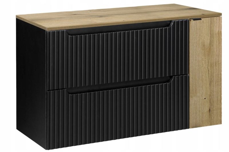Szafka pod umywalkę łazienkowa Furnidea Nova Black czarna ryflowana 100 cm z blatem dąb 1 drzwi 2 szuflady 1 szt.