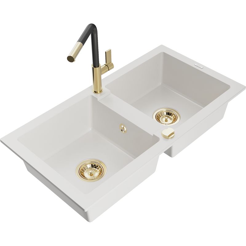 Zlewozmywak granitowy 2-komorowy Mexen Mario z baterią kuchenną Flora biały 6504-20-670401-57-G