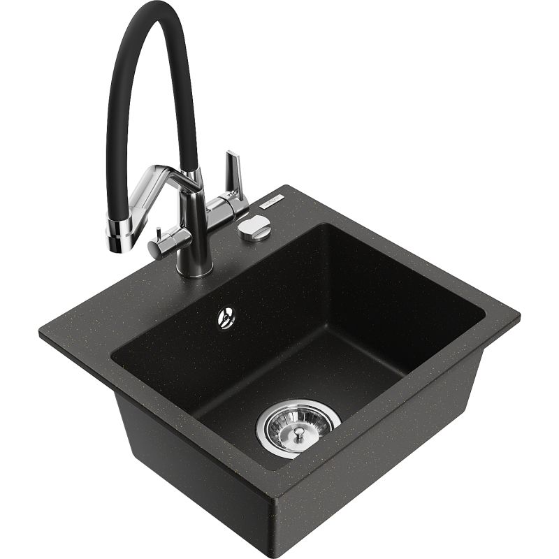 Zlewozmywak granitowy 1-komorowy Mexen Milo z baterią kuchenną Duo czarny/złoty metalik 6505-75-671701-07