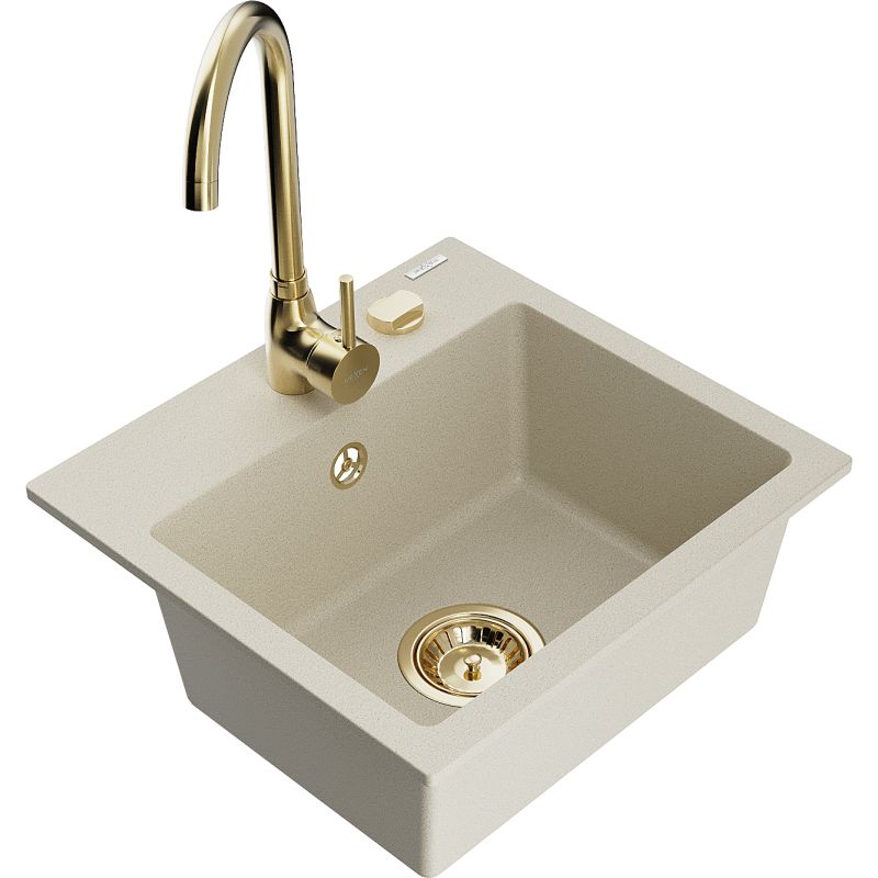 Zlewozmywak granitowy 1-komorowy Mexen Milo z baterią kuchenną Telma beżowy 6505-69-670200-50