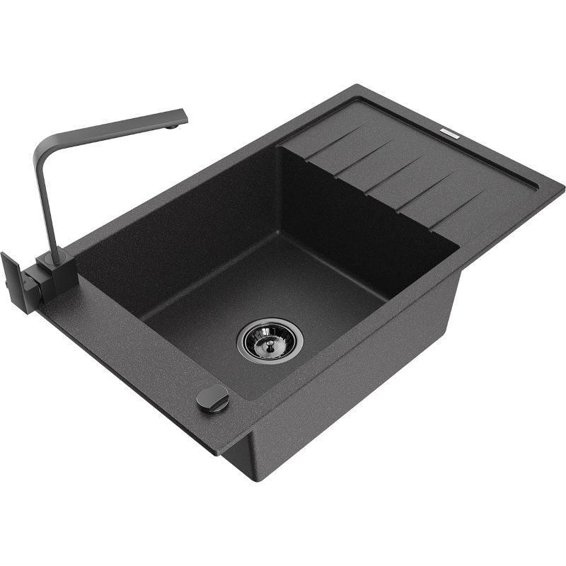 Zlewozmywak granitowy 1-komorowy Mexen Elias z ociekaczem i baterią kuchenną Rita czarny nakrapiany - 6511-76-670300-00 1 szt.