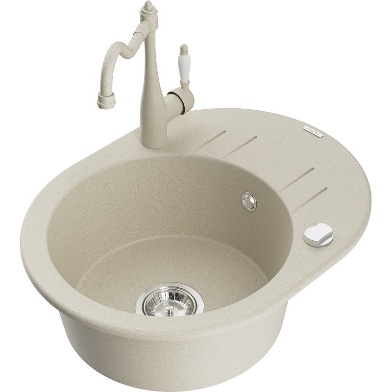 Zlewozmywak granitowy 1-komorowy Mexen Kevin z ociekaczem i baterią kuchenną Carla beżowy 6517-69-670700-69