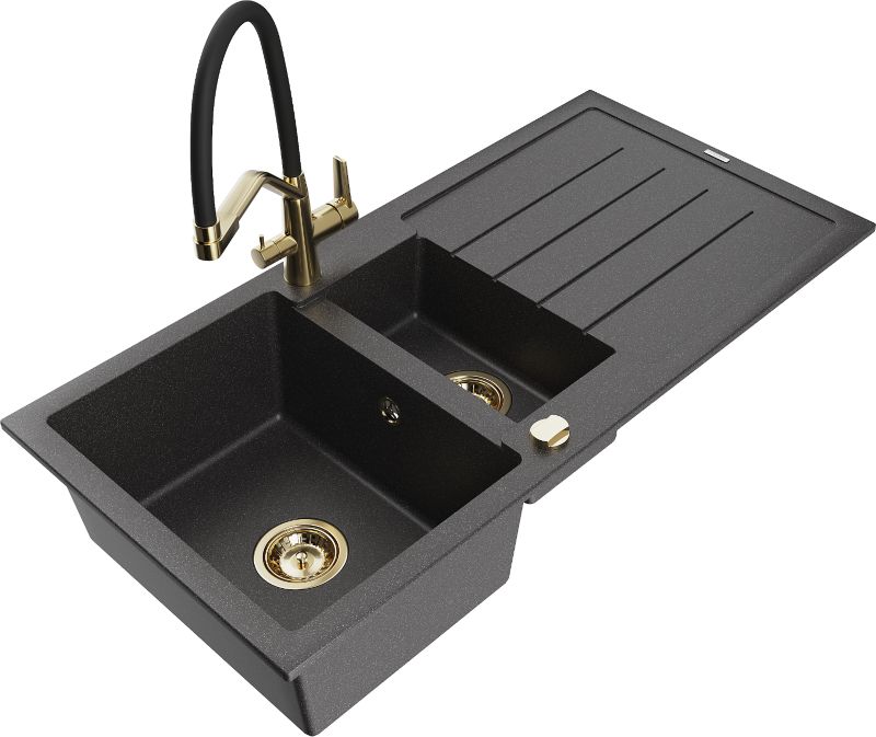 Zlewozmywak granitowy Mexen Andres 1,5-komorowy z ociekaczem i baterią kuchenną Duo czarny 6515-76-671701-57-G