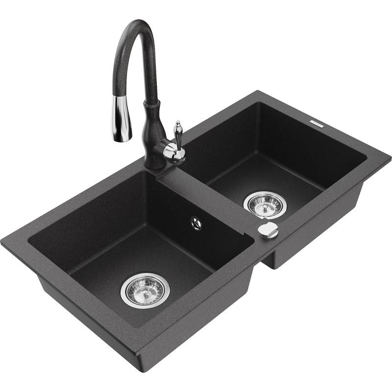 Zlewozmywak granitowy 2-komorowy Mexen Mario z baterią kuchenną Savita czarny/srebrny metalik - 6504-73-672601-00 1 szt.