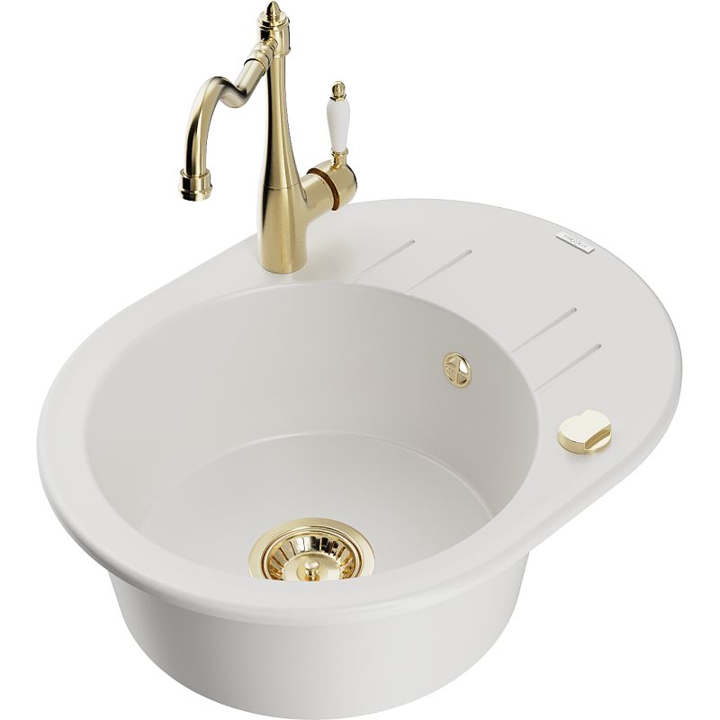 Zlewozmywak granitowy 1-komorowy Mexen Kevin z ociekaczem i baterią kuchenną Carla biały 6517-20-670700-50