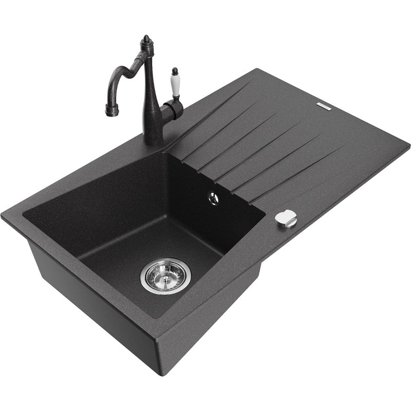 Zlewozmywak granitowy 1-komorowy Mexen Cesar z ociekaczem i baterią Carla czarny/srebrny metalik - 6514-73-670700-70 1 szt.