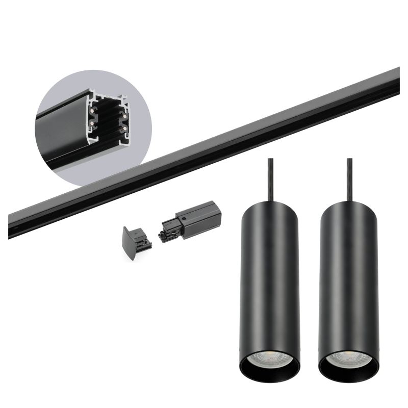 Zestaw szynowy 3 fazowy Kobi szyna 2m, 2x lampa wisząca czarny 1kpl.