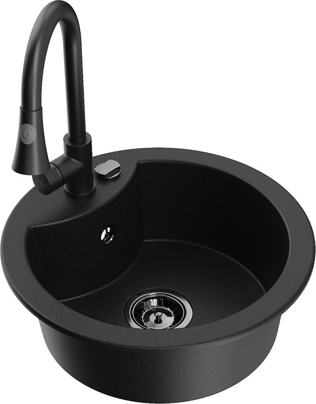 Zlewozmywak granitowy Mexen Diego 1-komorowy z baterią kuchenną Elia czarny 6512-77-670101-70-B