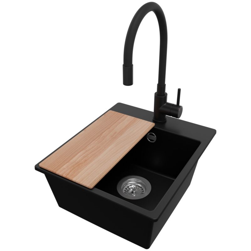 Zlewozmywak Granitowy Ryga Easy PRIMAGRAN Nablatowy 38x44cm do szafki od 40cm z Syfonem i Baterią i Dodatkiem Czarny 1 szt.