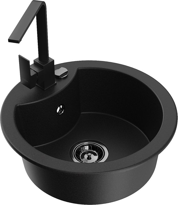 Zlewozmywak granitowy Mexen Diego 1-komorowy z baterią kuchenną Rita czarny - 6512-77-670300-70 1 szt.