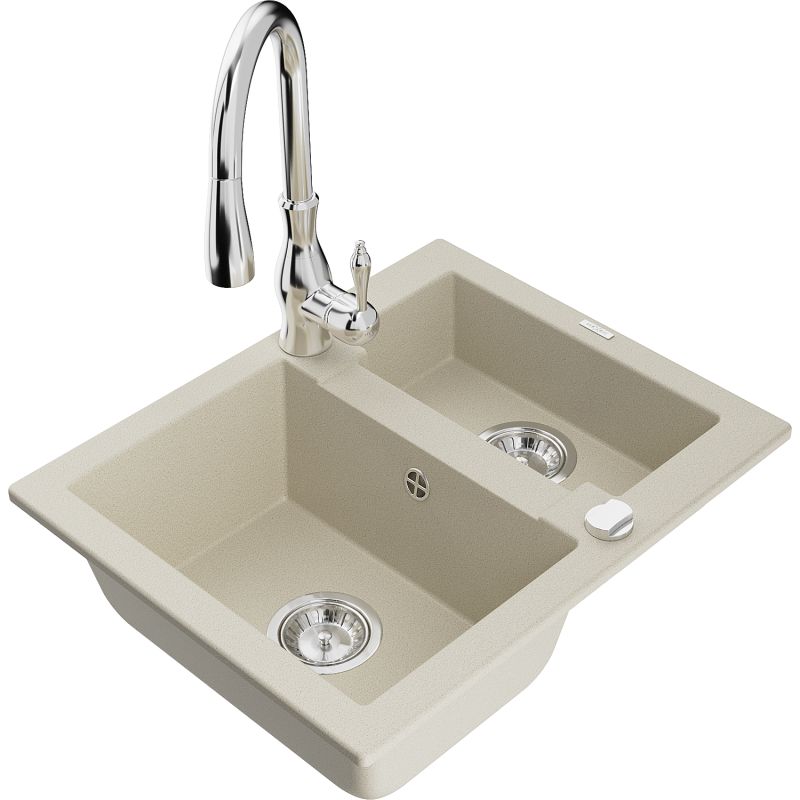 Zlewozmywak granitowy 1.5-komorowy Mexen Carlos z baterią kuchenną Savita beżowy - 6518-69-672601-70 1 szt.