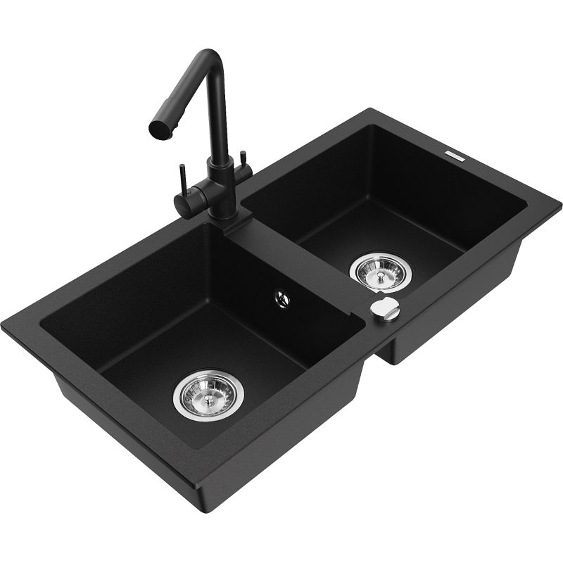 Zlewozmywak granitowy 2-komorowy Mexen Mario z baterią kuchenną Duero czarny - 6504-77-671600-50-B 1 szt.