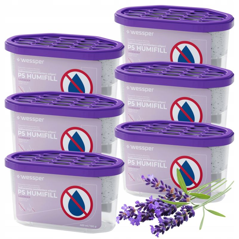 Pochłaniacz wilgoci, Wessper P5 HUMIFILL, osuszacz powietrza, jednorazowy, przeciwko wilgoci, lawendowy, 400ml, 9m2, 42 dni, 6szt