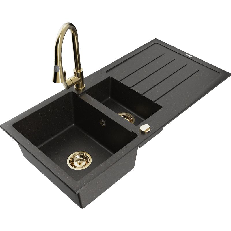 Zlewozmywak granitowy 1.5-komorowy Mexen Andres z ociekaczem i baterią kuchenną Elia czarny/złoty metalik 6515-75-670101-50