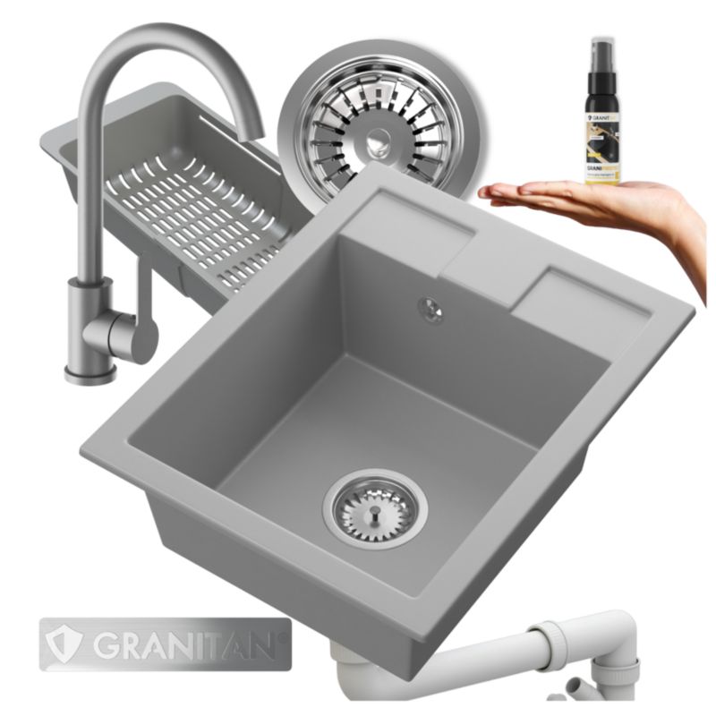 Zlewozmywak Granitowy Jednokomorowy Granitan Best Szary Zestaw Zlewozmywak Bateria Ociekarka 1 kpl.