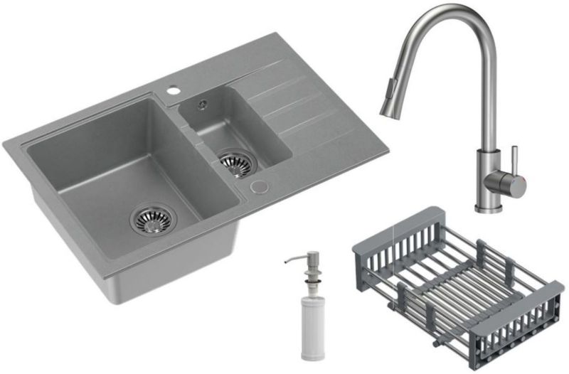 Zlewozmywak 1,5-komorowy Quadron Comfort 156 z baterią i dozownikiem szary - 1 szt.