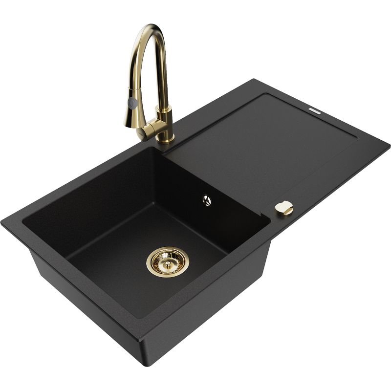 Zlewozmywak granitowy 1-komorowy Mexen Leo z ociekaczem i baterią kuchenną Elia czarny 6501-77-670101-50