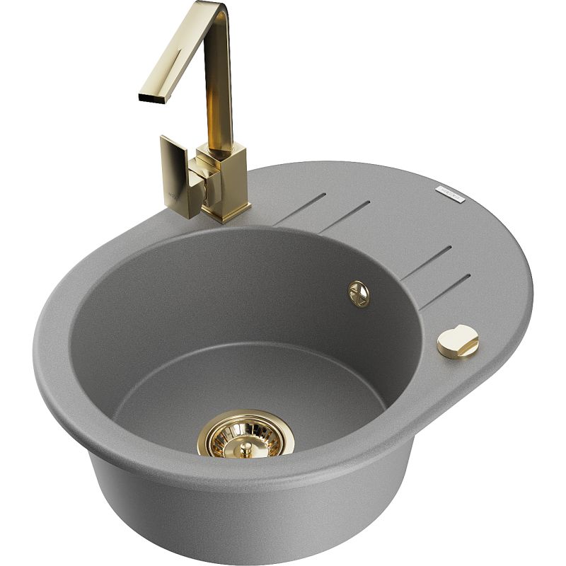 Zlewozmywak granitowy 1-komorowy Mexen Kevin z ociekaczem i baterią kuchenną Rita szary 6517-71-670300-50