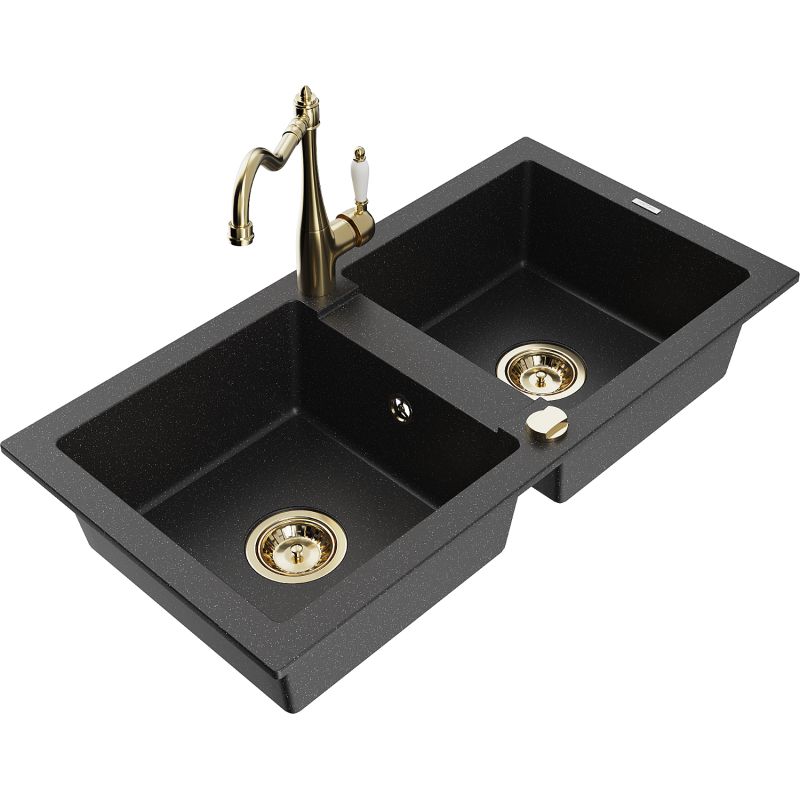 Zlewozmywak granitowy 2-komorowy Mexen Mario z baterią kuchenną Carla czarny/srebrny metalik 6504-73-670700-50