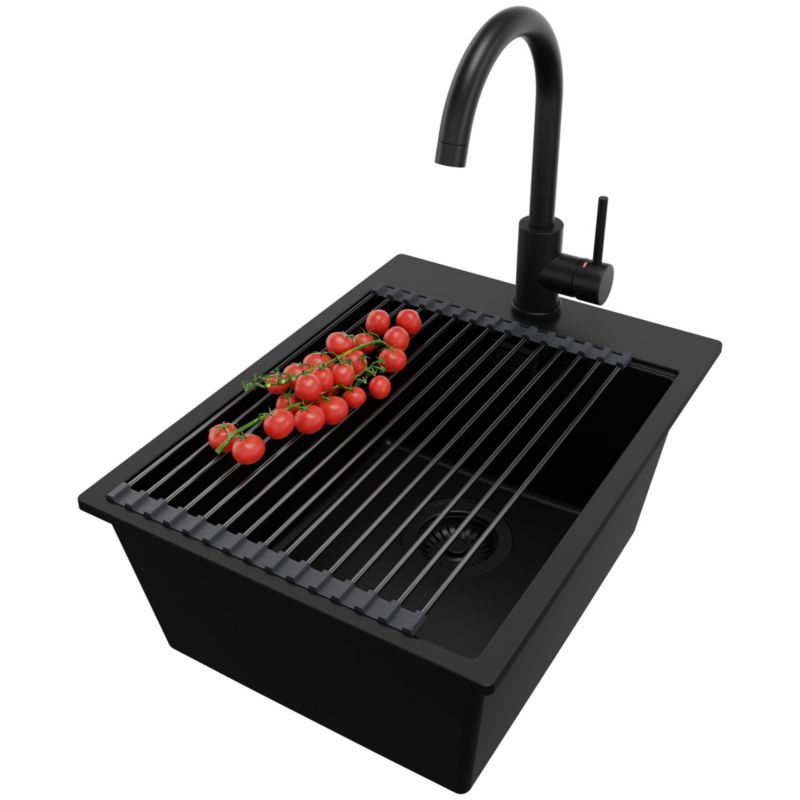 Zlewozmywak Granitowy Oslo PRIMAGRAN Nablatowy 38x50cm do szafki od 40cm z Syfonem i Baterią i Dodatkiem Cały Czarny 1 szt.