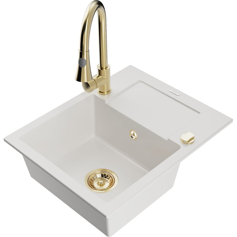 Zlewozmywak granitowy 1-komorowy Mexen Enzo z ociekaczem i baterią kuchenną Elia biały 6506-20-670101-50