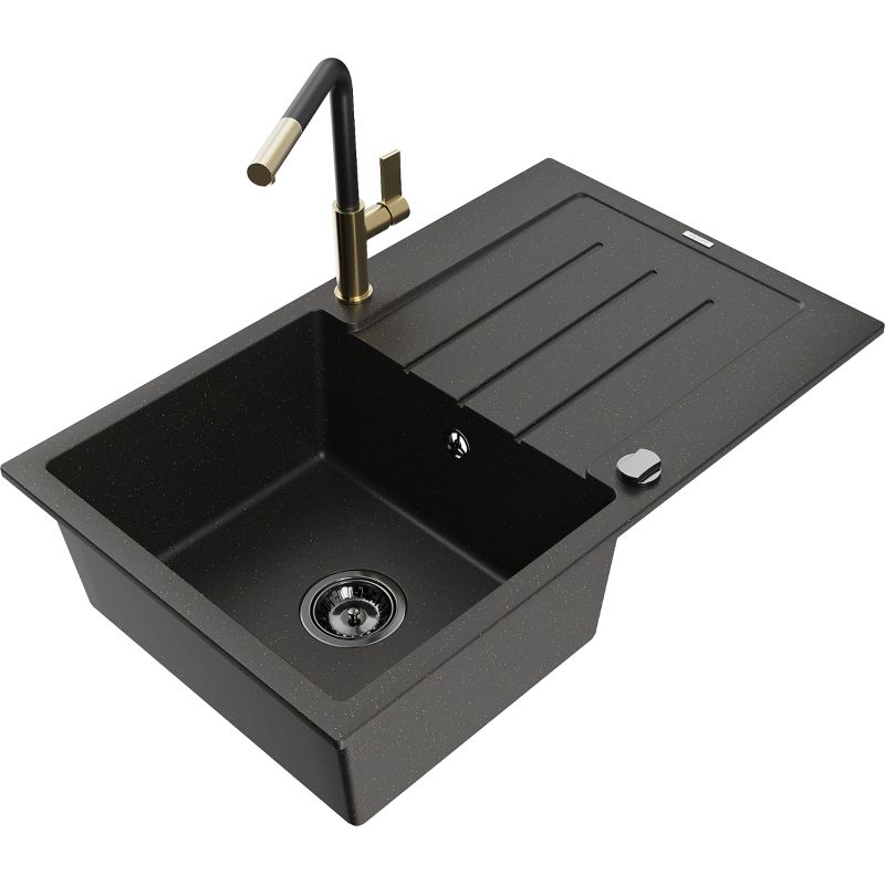 Zlewozmywak granitowy 1-komorowy Mexen Bruno z ociekaczem i baterią kuchenną Flora czarny/złoty metalik 6513-75-670401-57-B