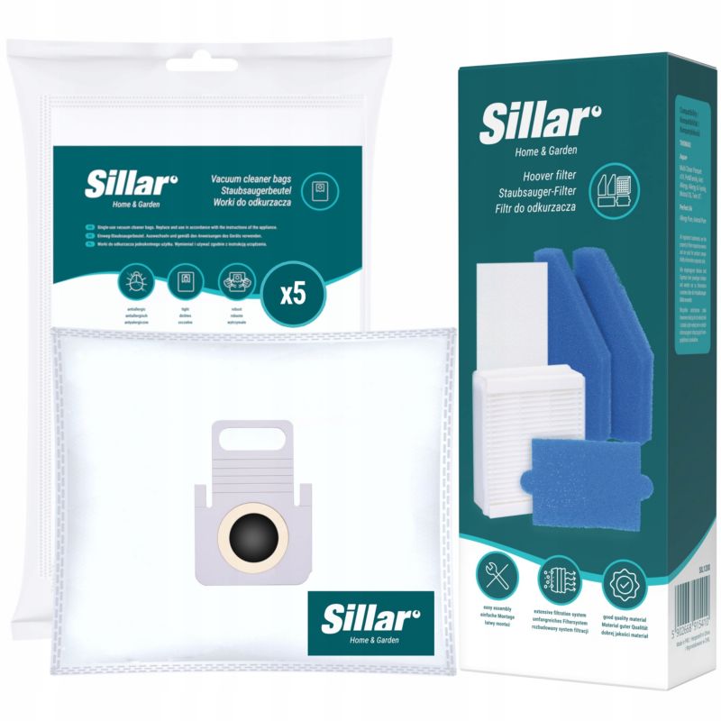 Worki do odkurzacza, Sillar, syntetyczne, 5szt+ 5x filtr do odkurzacza, HEPA, piankowy, zamiennik do Thomas Pet&Family Aqua, 10szt